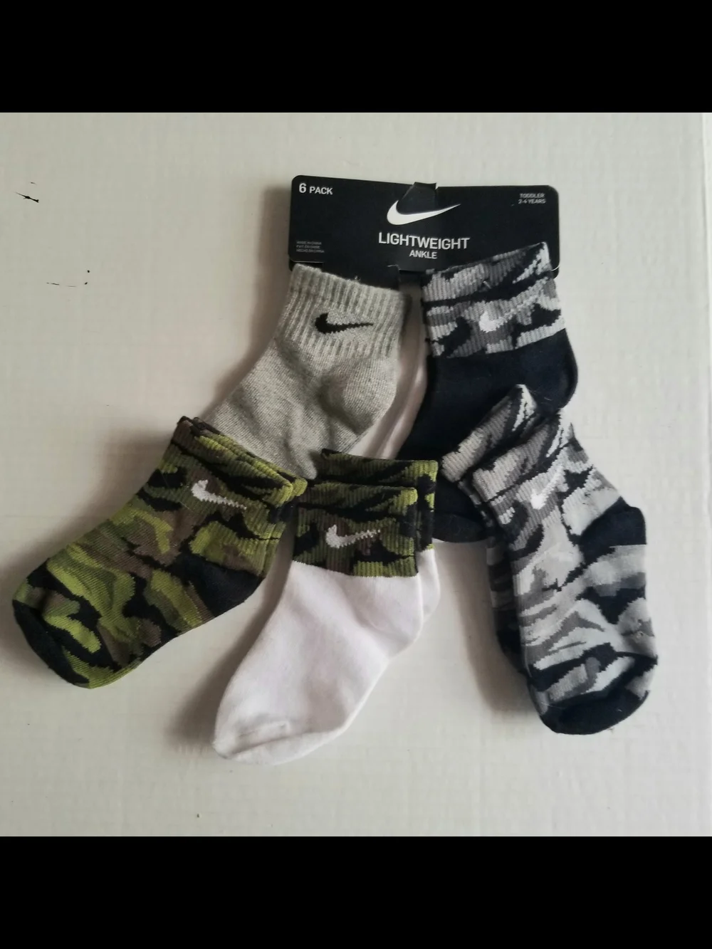 Nike Toddler 2-4 Yr Lightweight 6 Pack Ankle Socks Gray Black White Green Camo