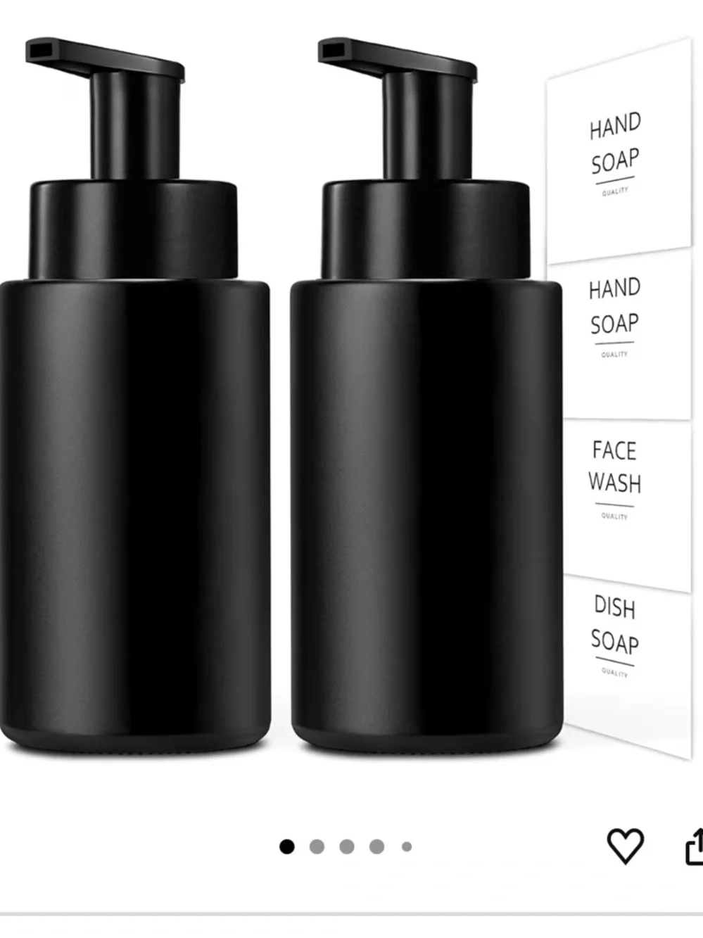 Matte Black Foaming Soap Dispenser Set of TWO 10 oz/300ml Waterproof Labels