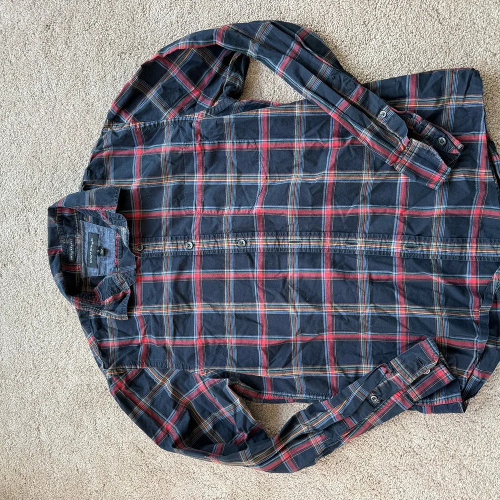 Banana Republic Navy Plaid Button-Up Shirt with Red and Green Stripes Size M