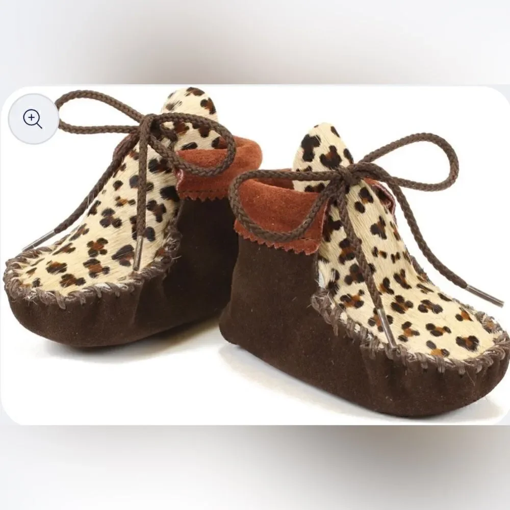 Itasca Leathergoods Baby/Infant Wapsi 'Meow' Leopard Moccasin/Shoes. Large. NWOT