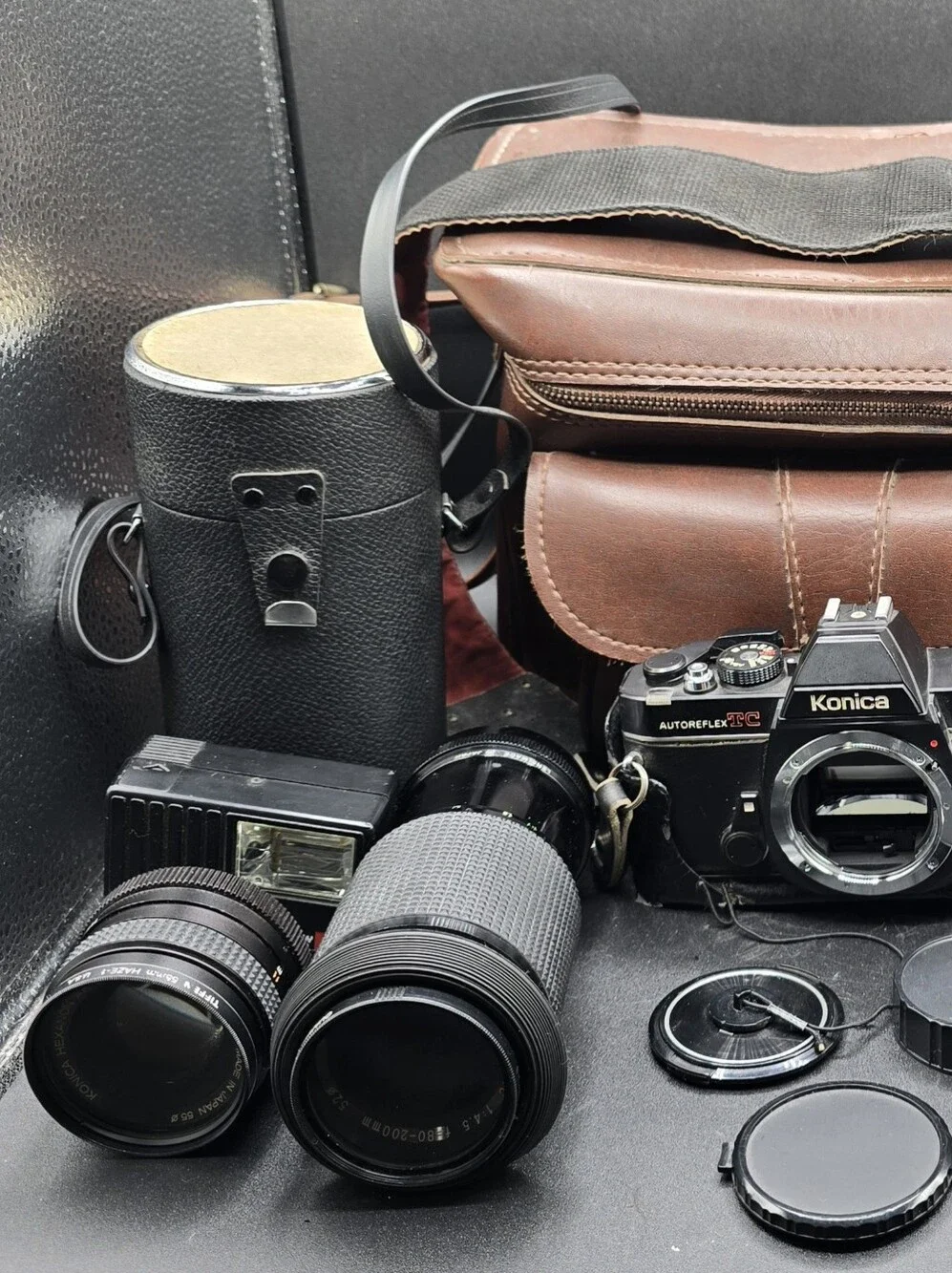 Konica Autoreflex TC 35mm SLR Camera - Black with Brown Leather Case