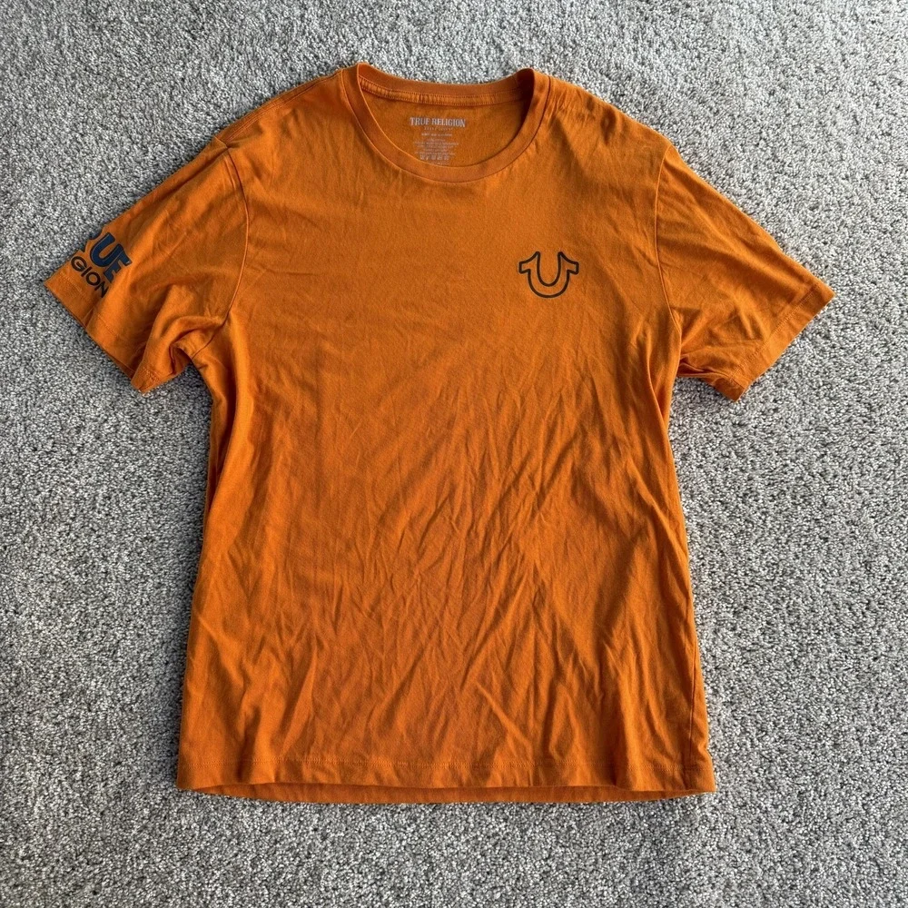 True Religion Shirt Mens XL Orange Buddha Back Graphic Logo Tee T-Shirt