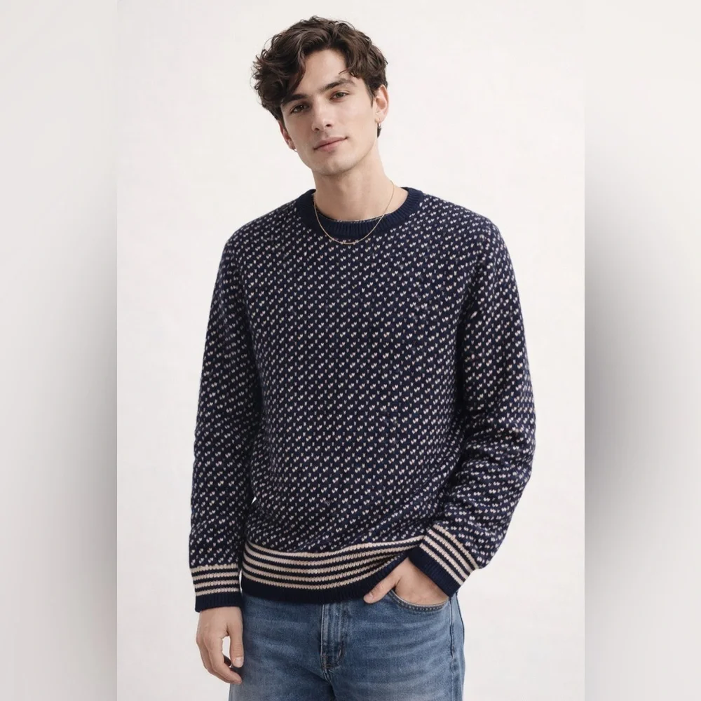 J. Crew Navy and Cream Lambswool Crewneck‎ Sweater Sz. M