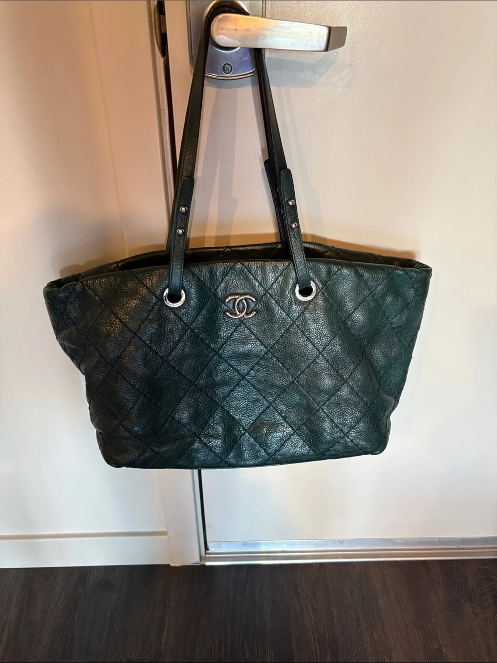Authentic CHANEL Quilted Leather Tote in Deep Green with Silver Hardware
