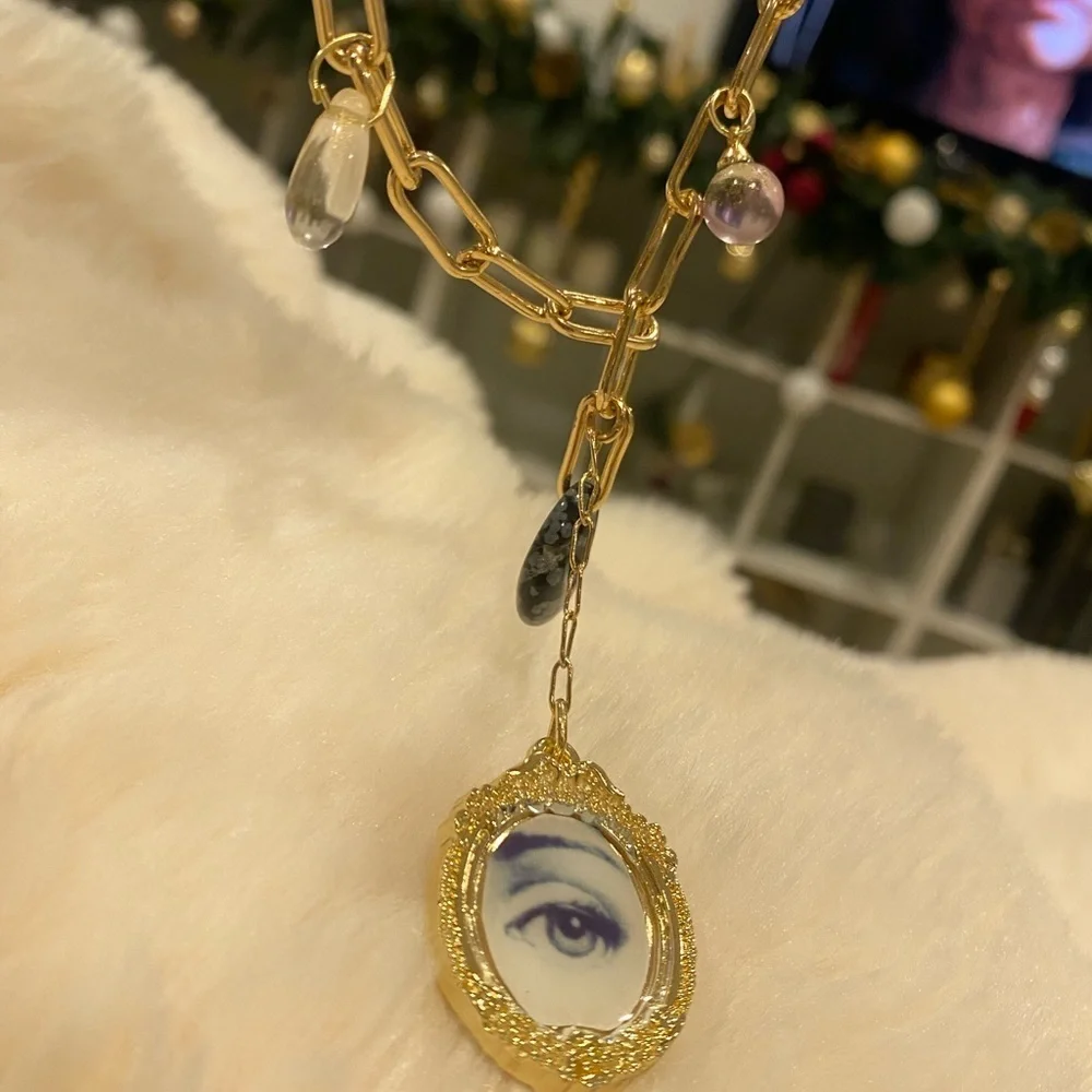 Fornasetti Golden paper clip chain Evil Eye Pendant Necklace 18in