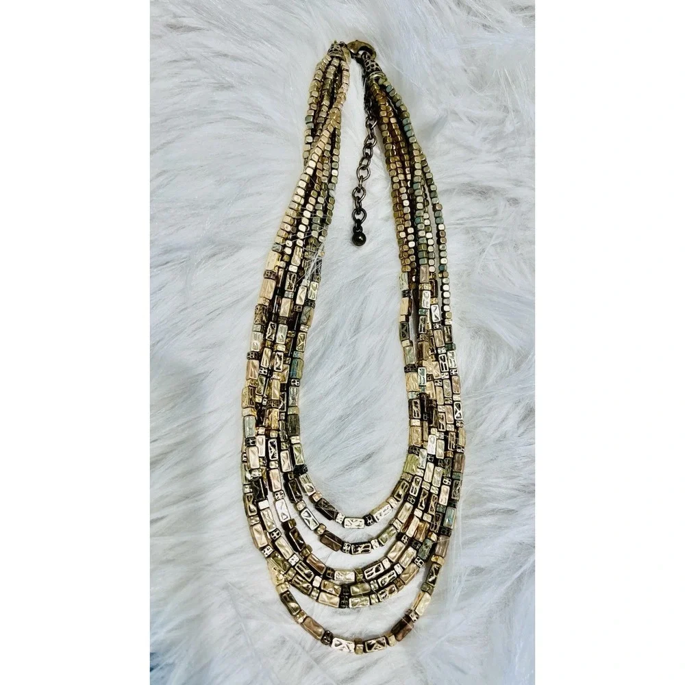 Chico's Vintage Gold Tone Multi Strand Statement Necklace Textured Block Bead