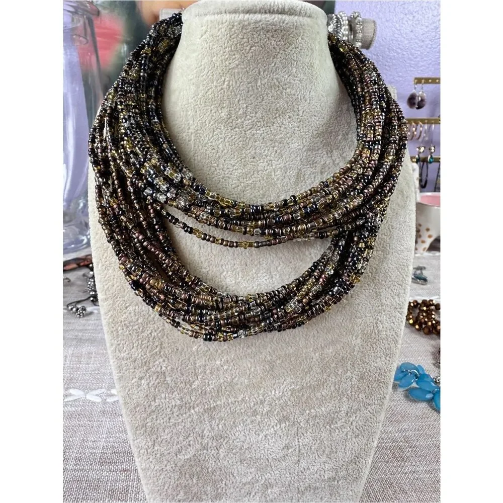 Multi-Strand Seed Bead Necklace in Black and Gold