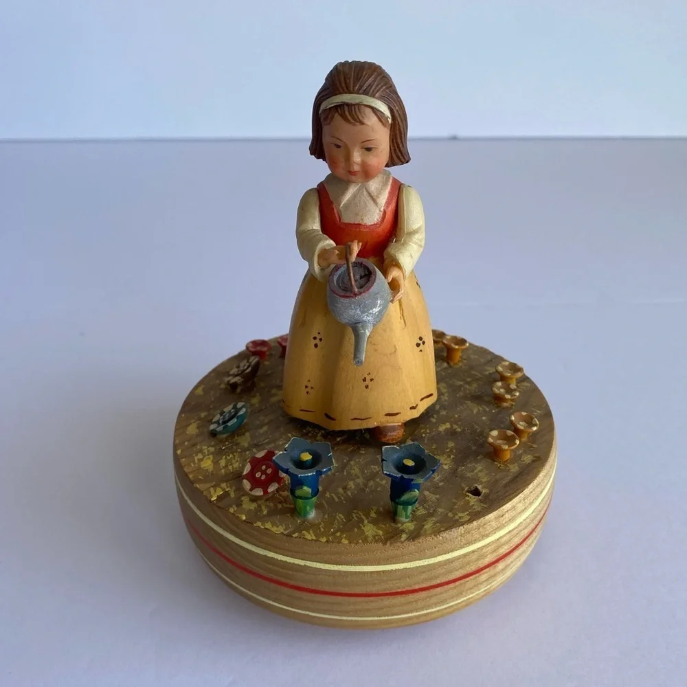 Vintage Reuge Anri Girl With Watering Can Flowers Swiss‎ Music Box Retired Read