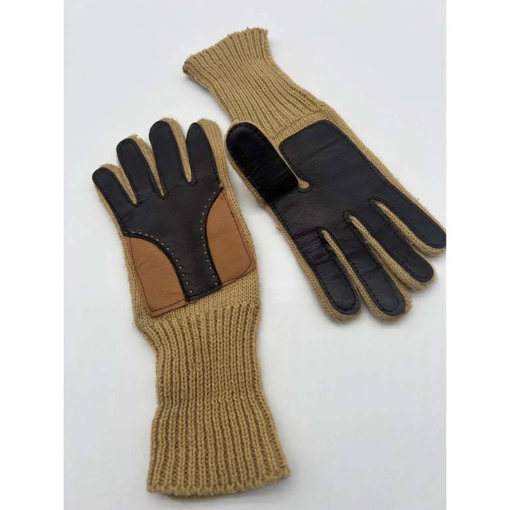 Vintage‎ Leather Knit Back Driving Gloves Brown/Tan Workwear Ranch Unisex