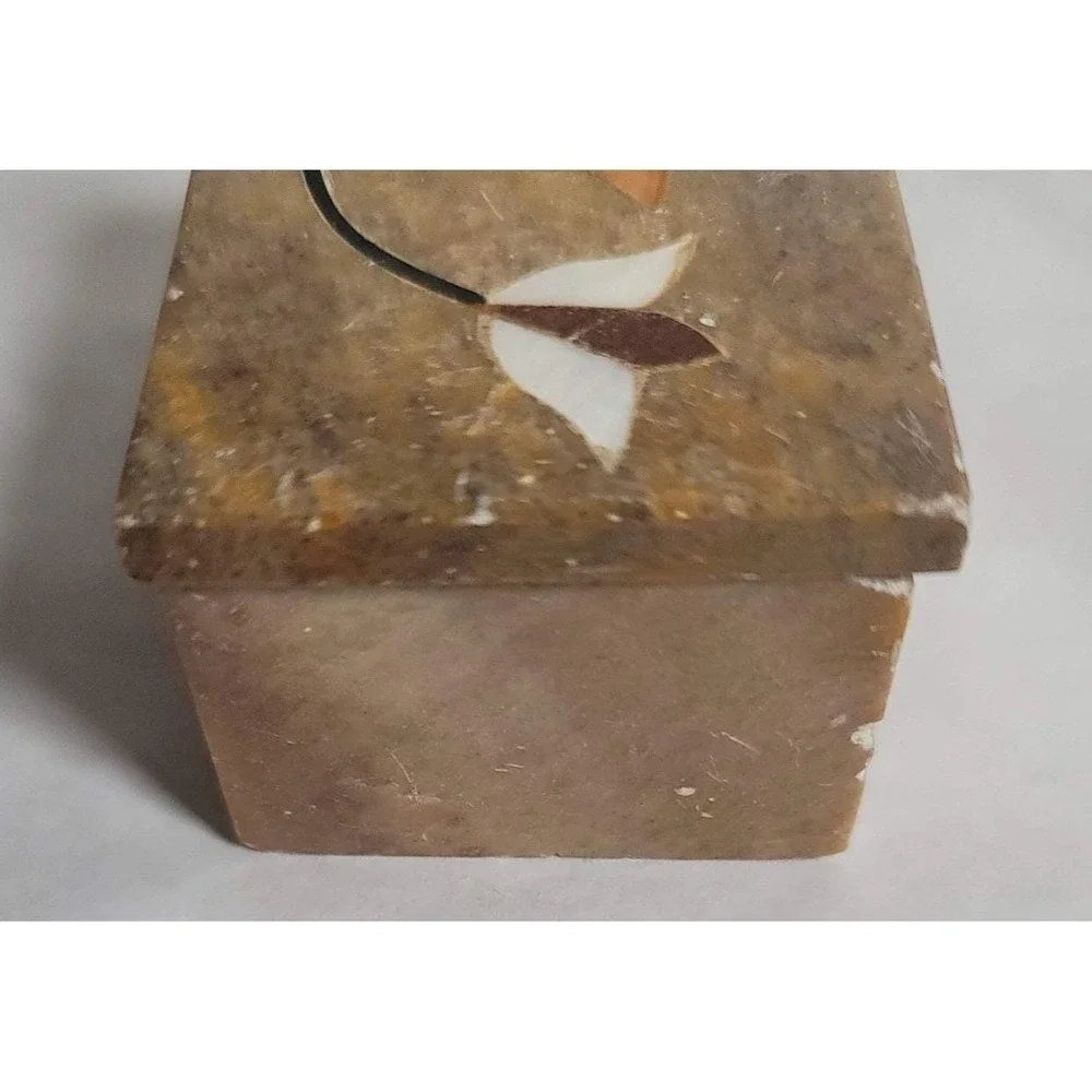 Small Brown Soap Stone Trinket Box Floral Inlay‎ Rectangle Lidded Made In India