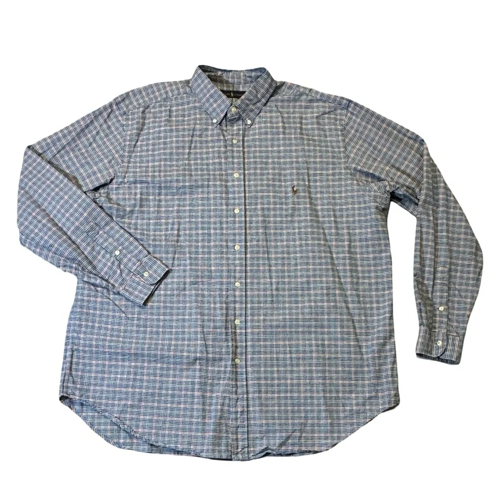 Polo Ralph Lauren mens 2XLT Tall blue orange check plaid oxford button up shirt