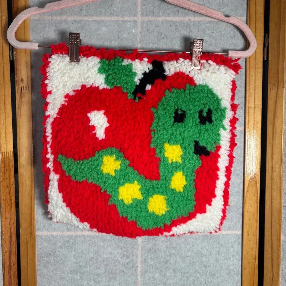 Vintage Latch Hook Wall Hanging‎ Apple Worm Green Red Yellow Kids Decor Pillow