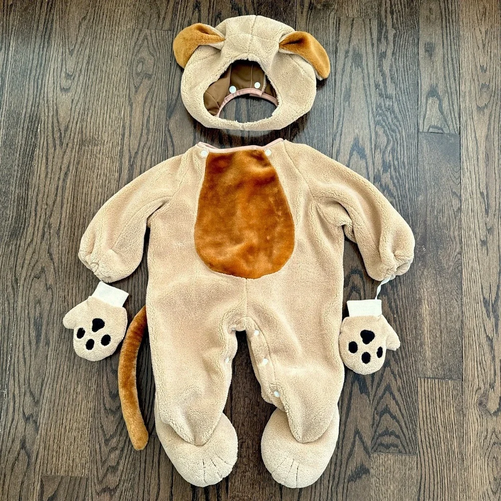 Fun World Baby Dog Costume 12-24M Tan Puppy Fleece Jumpsuit Hood‎ Mittens Tail