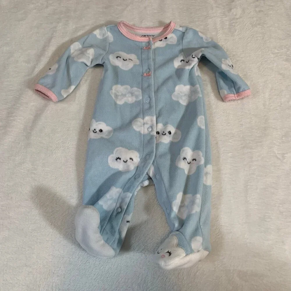 5/$25 Carter's‎ Newborn Baby Fleece Footed Sleeper Blue Smiling Clouds Pink Trim