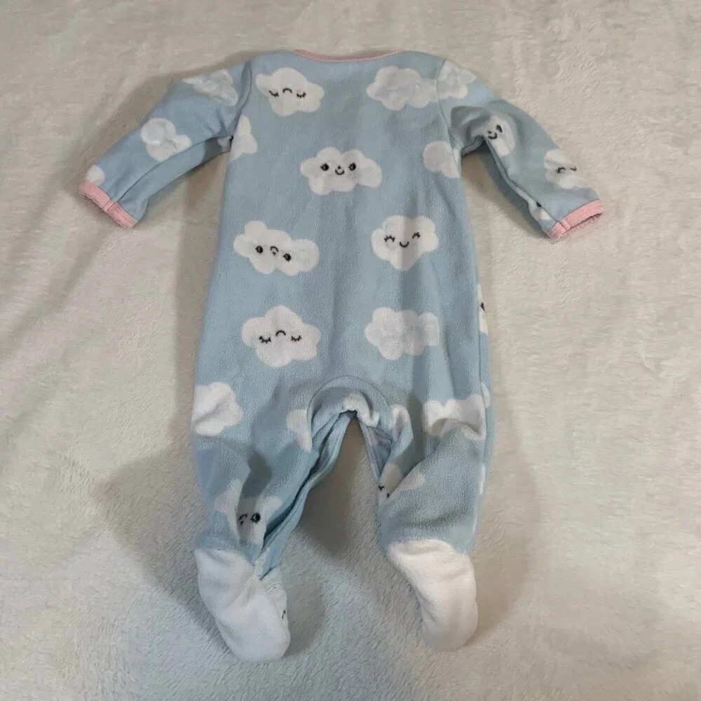 5/$25 Carter's‎ Newborn Baby Fleece Footed Sleeper Blue Smiling Clouds Pink Trim