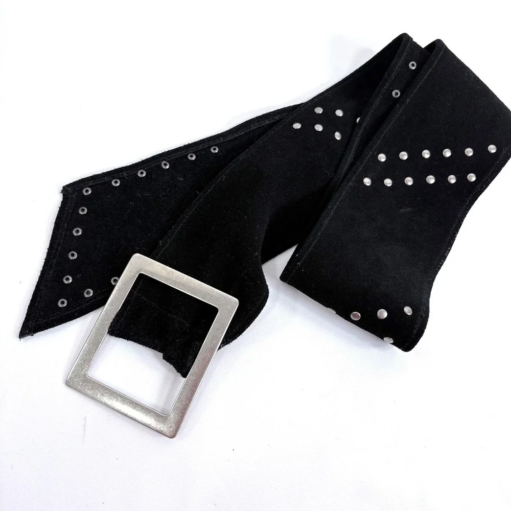 Suede‎ Wide Waist Belt Black Silver Studded Rectangular Buckle Boho Glam Y2K