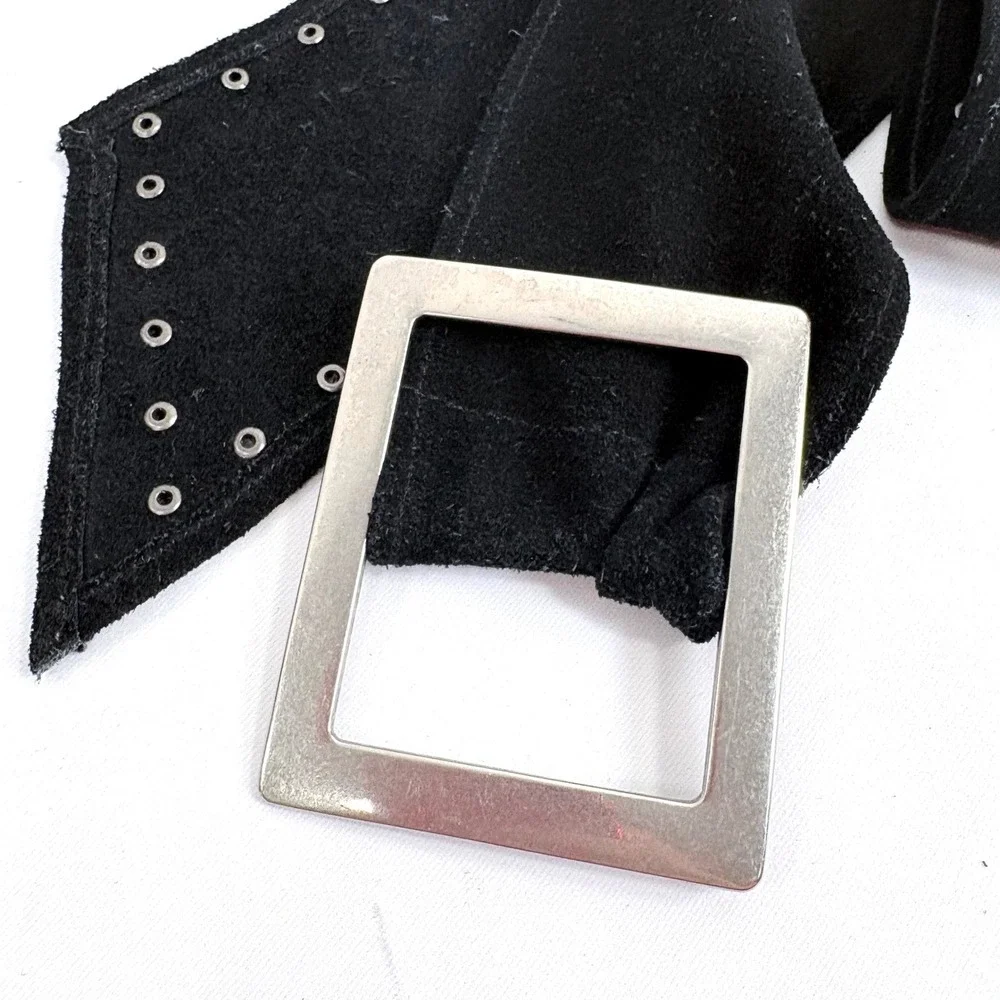 Suede‎ Wide Waist Belt Black Silver Studded Rectangular Buckle Boho Glam Y2K