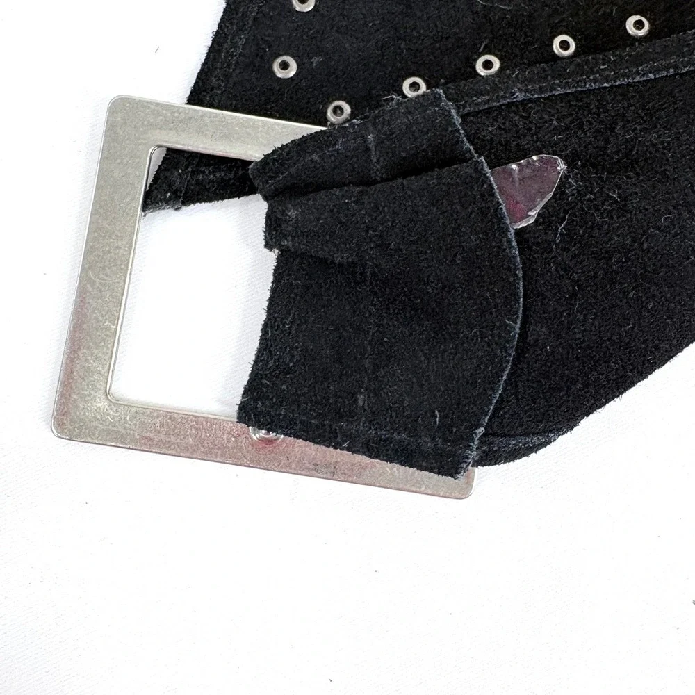Suede‎ Wide Waist Belt Black Silver Studded Rectangular Buckle Boho Glam Y2K