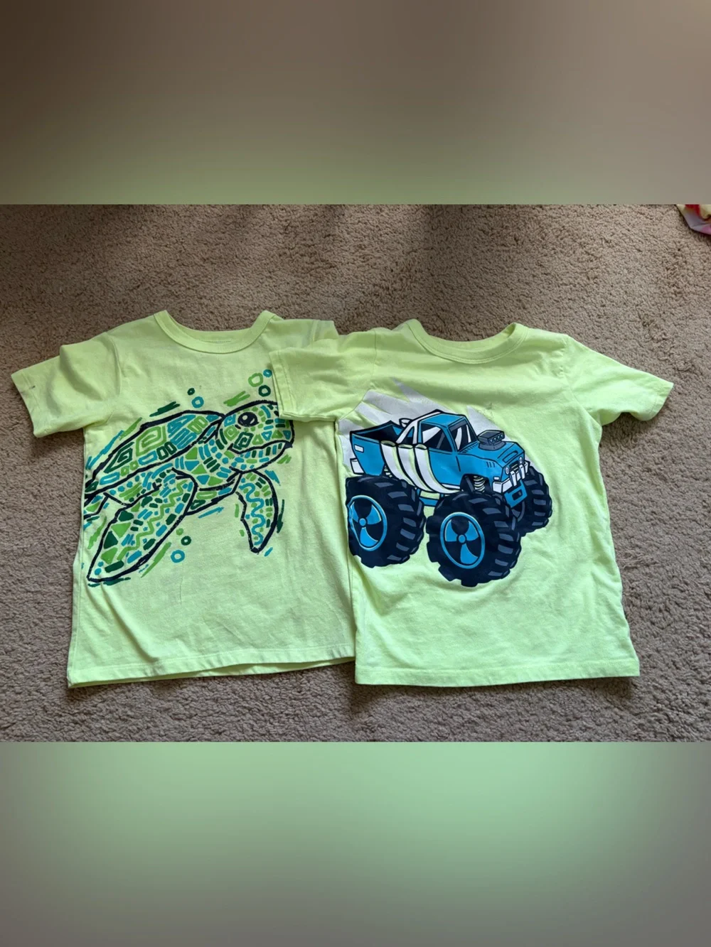 Kids Short Sleeve Graphic Tee - Neon Yellow Green with Blue Turtle and Truck