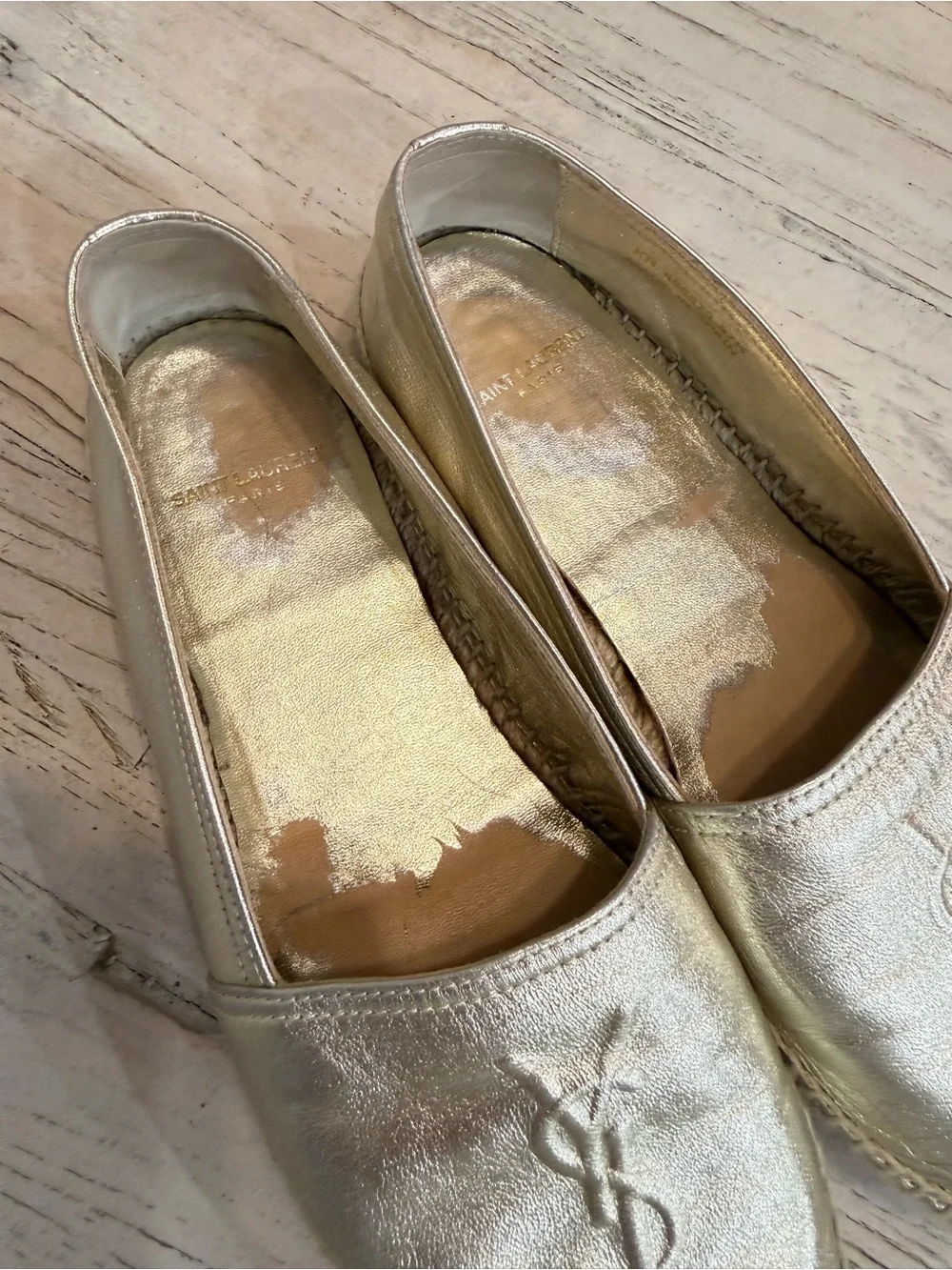 Yves Saint Laurent Gold Leather Monogram Espadrilles size 37.5