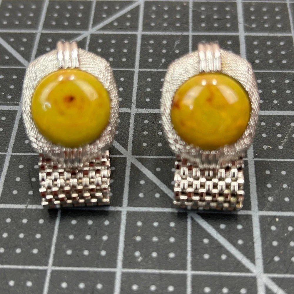 Swank Vintage Mens Wrap Mesh‎ Cufflinks Tie Tack Set Silver Tone Yellow Cabochon