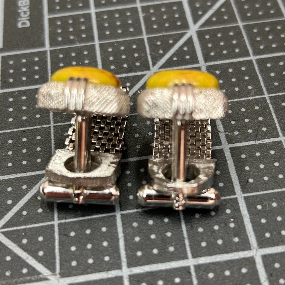 Swank Vintage Mens Wrap Mesh‎ Cufflinks Tie Tack Set Silver Tone Yellow Cabochon
