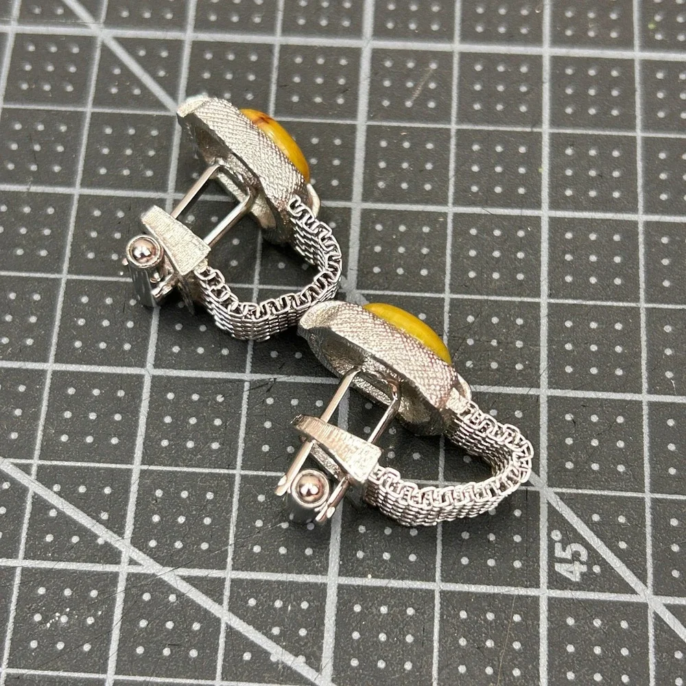 Swank Vintage Mens Wrap Mesh‎ Cufflinks Tie Tack Set Silver Tone Yellow Cabochon