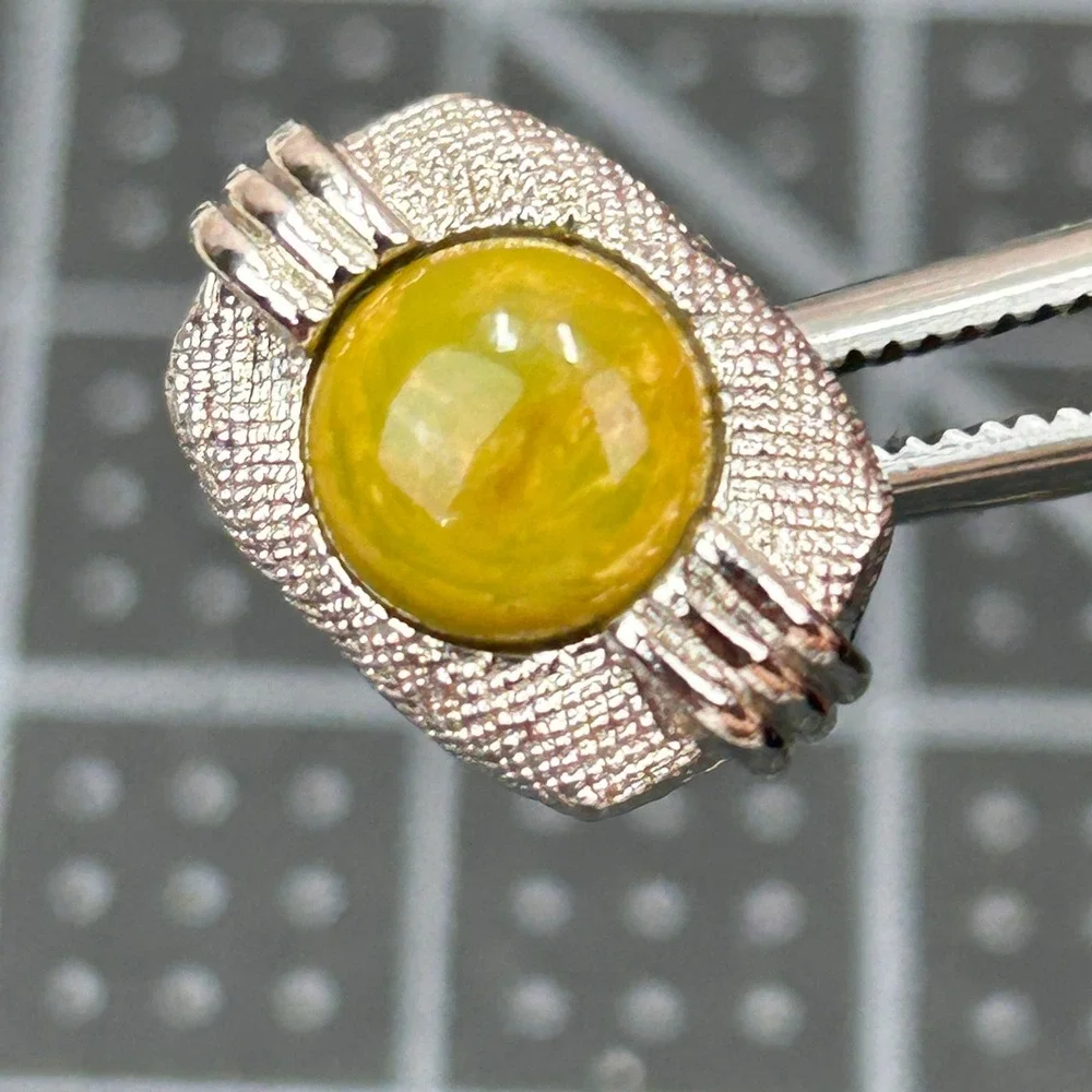 Swank Vintage Mens Wrap Mesh‎ Cufflinks Tie Tack Set Silver Tone Yellow Cabochon
