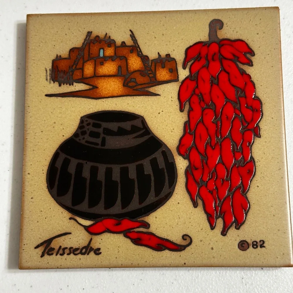 Vintage 1982 Cleo Teissedre Signed Art Tile Pueblo Chili‎ Ristra Pottery 6x6