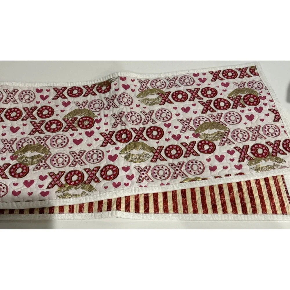 Handmade Quilted Pink & White Table Runner Dresser Pad Reversible 9.5