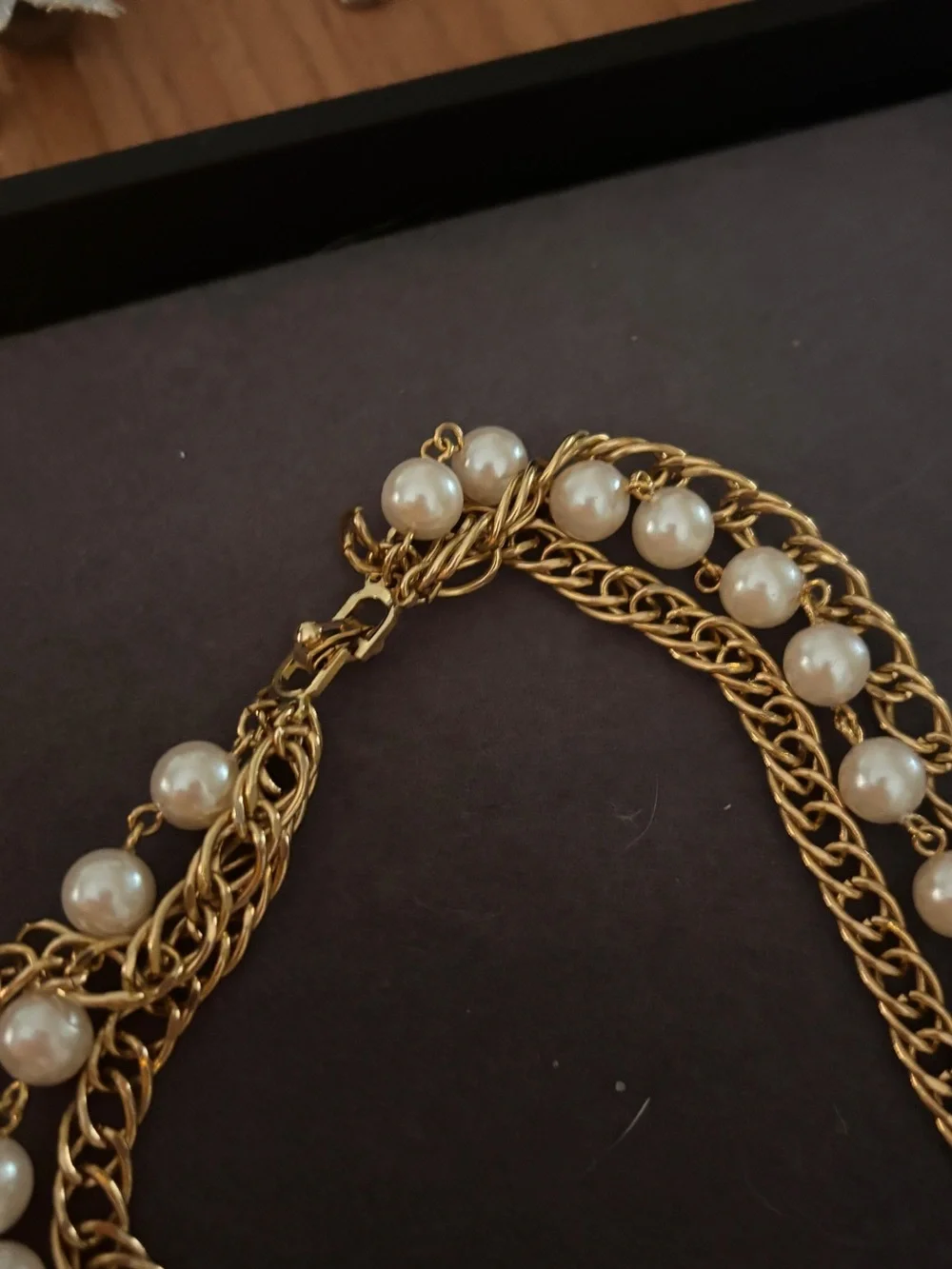 Gold-Tone Pearl Necklace with Rose Accent - Multi Strand