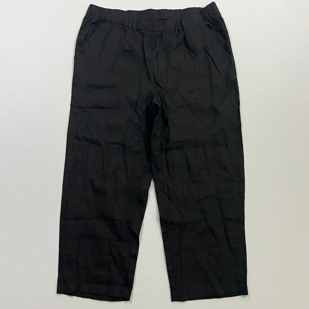 Quince European 100%‎ Linen Pants Lagenlook Relaxed Elastic Waist Black Women XL