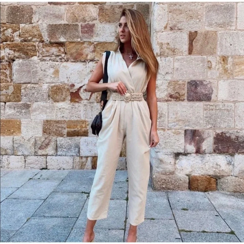 ZARA linen blend belted long sleeve jumpsuit 2157/057 A5