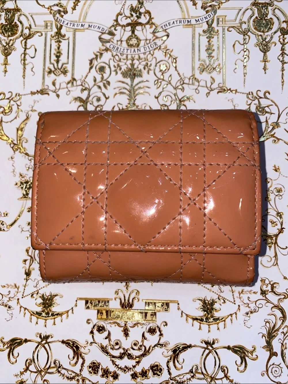 Lady Dior Lotus Quilted Patent Leather Cannage Wallet in Peachy Pink