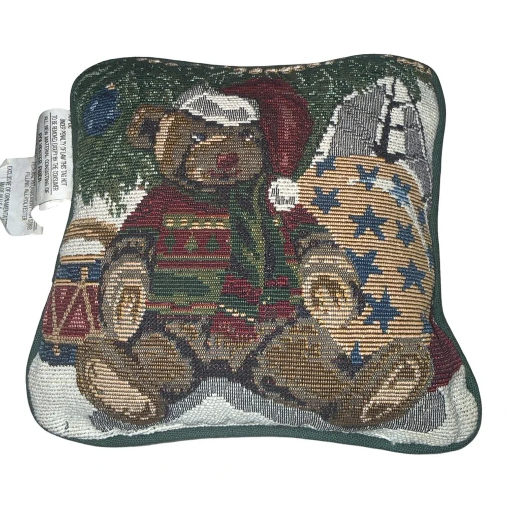 Vintage Santa Teddy Bear Tapestry Accent Throw Pillow Needlepoint Christmas‎ 8x8