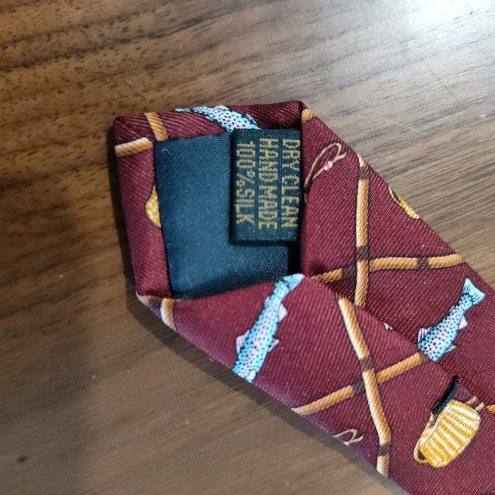 Alynn Neckwear Mens Silk‎ Tie Trout & Creel Fly Fishing Rods Burgundy Novelty