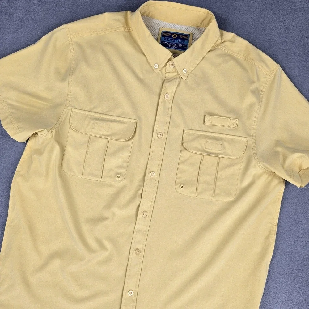 Xcaster Shirt Mens XL Yellow Short Sleeve UPF Sun Protection Fishing Button‎ Up