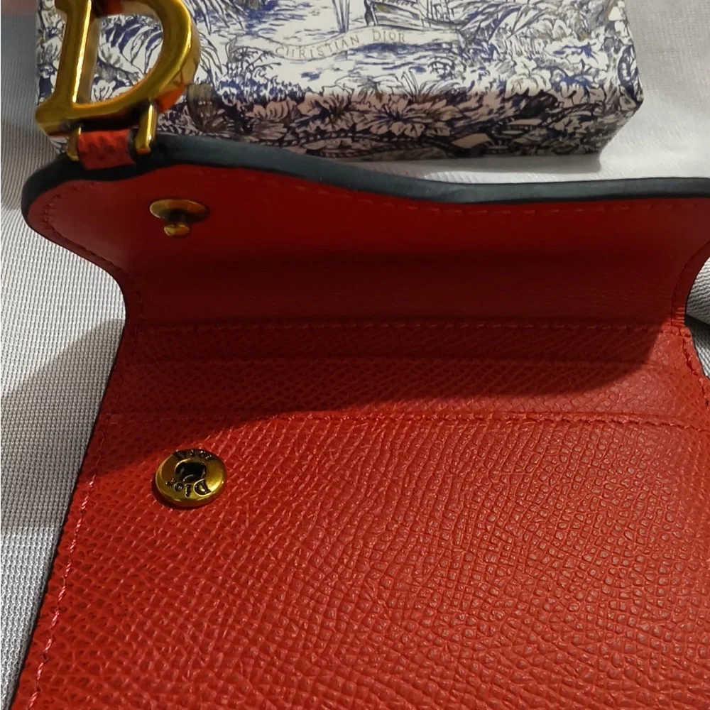 Dior Red Grained Leather Saddle Card Case with Gold 'D' Charm