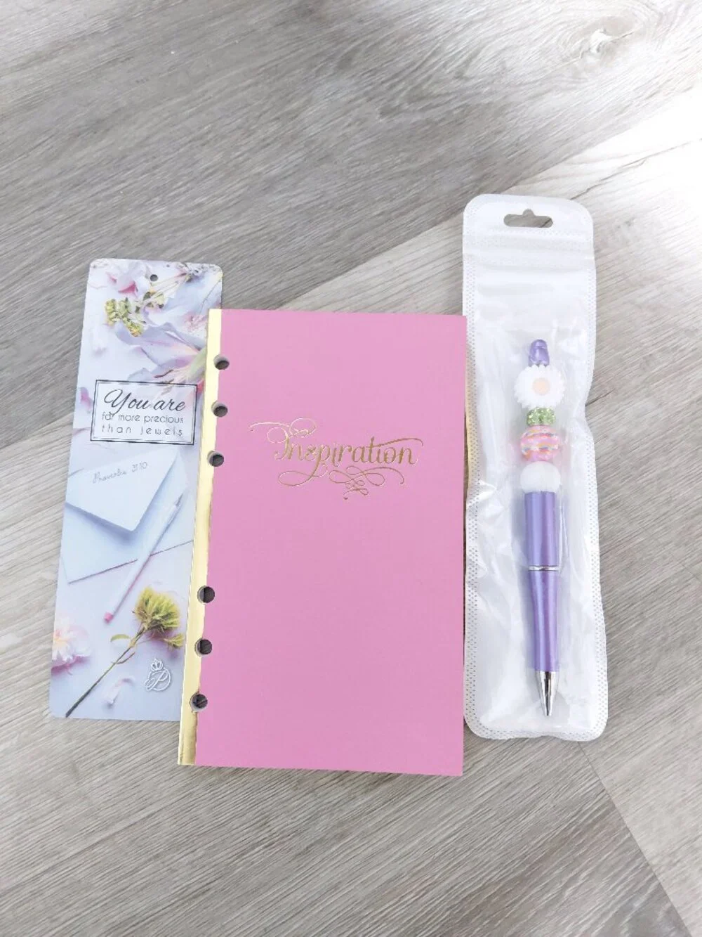 Pink Inspirational Recollection Planner, Faith Bookmark, Purple Flower Pen