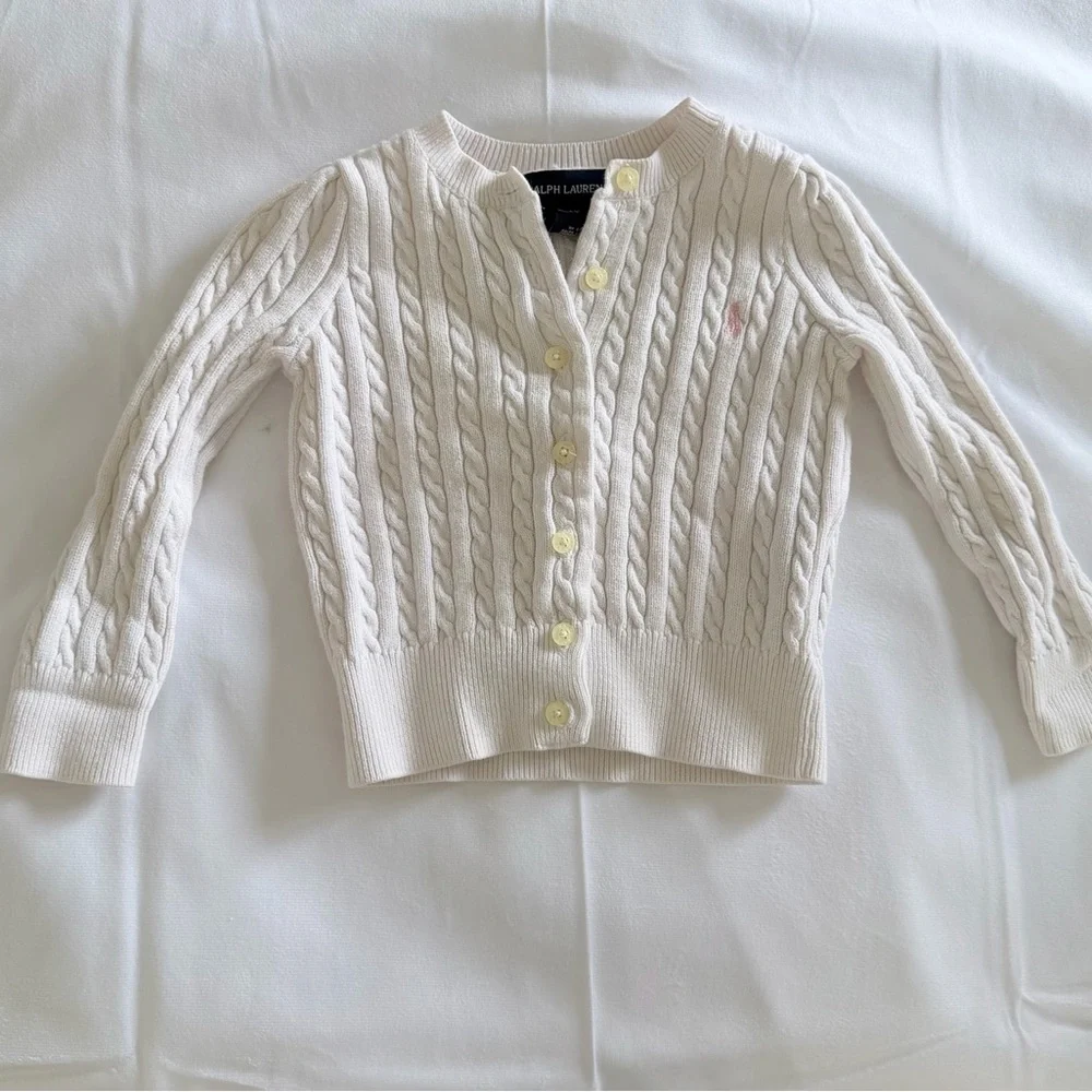 Ralph Lauren Cream Cable-Knit Button Cardigan with Pink Pony