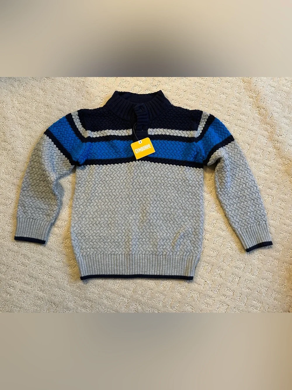 Gymboree Boys Mock Collar Sweater In Gray With Blue and Navy Stripe Size 5T