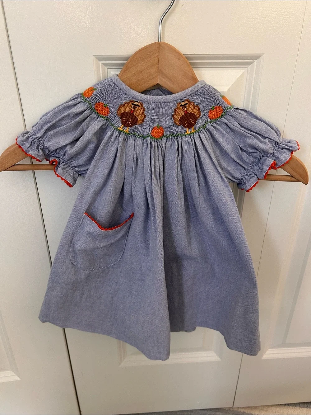 Vive La Fete 6 months blue chambray smocked turkey dress thanksgiving pumpkins