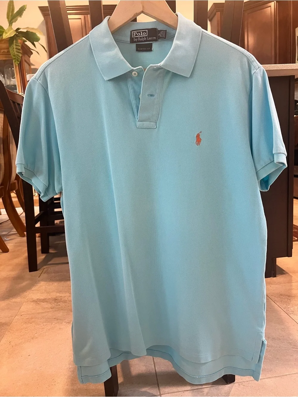 Ralph Lauren Custom Fit Polo Shirt Sky Blue Orange Pony Large Men's Short Sleeve