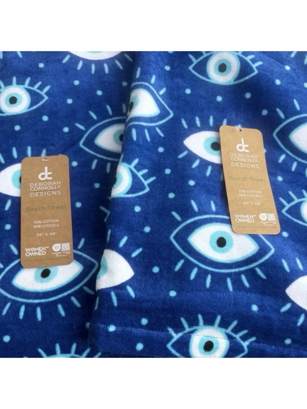 Deborah Connolly Designs Evil Eye Beach Towel 2pc Set  Oversized 36x68 Blue NWT