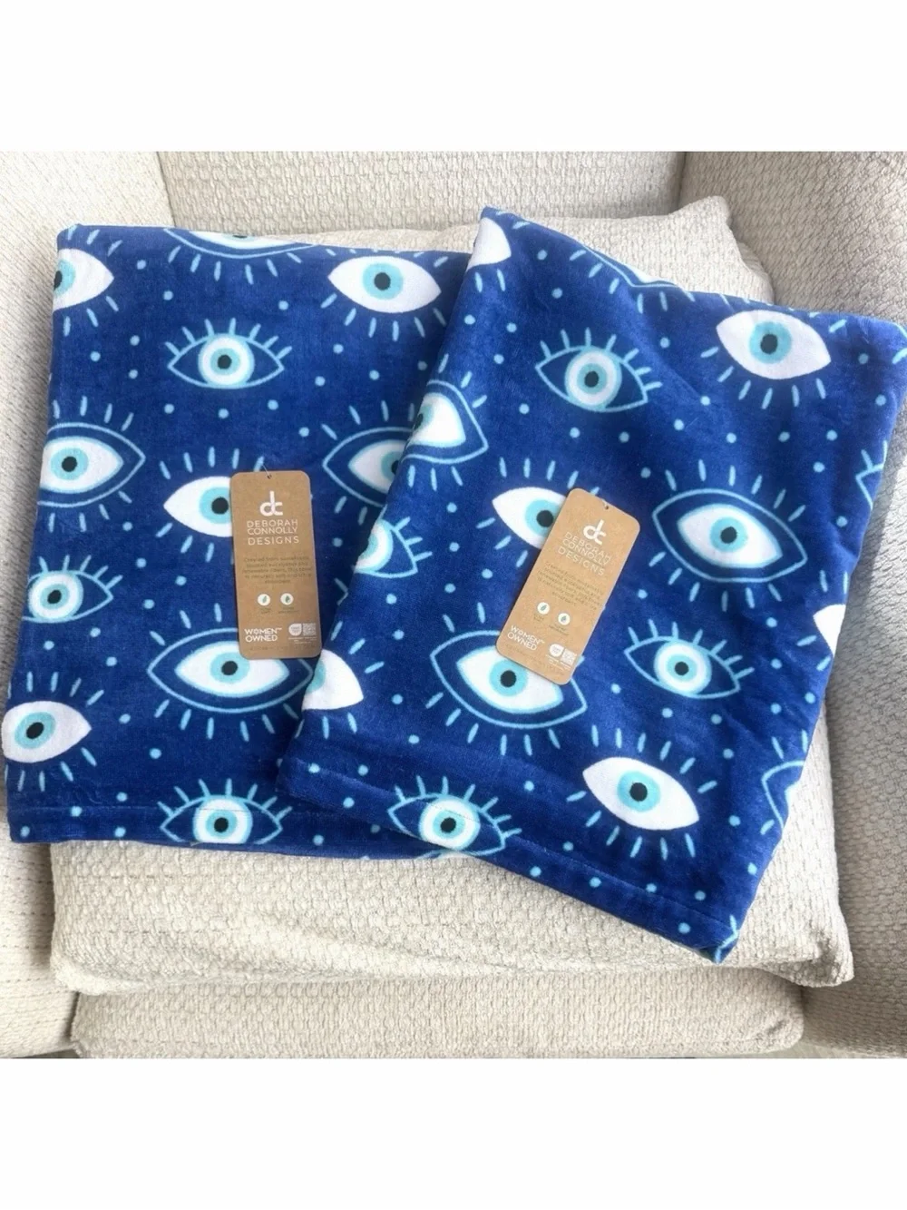 Deborah Connolly Designs Evil Eye Beach Towel 2pc Set  Oversized 36x68 Blue NWT