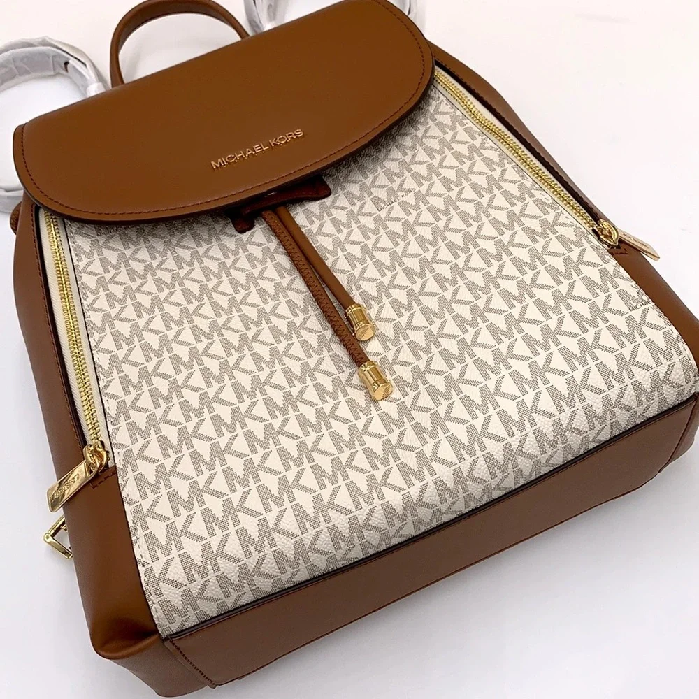 MICHAEL KORS PHOEBE MEDIUM DRAWSTRING BACKPACK VANILLA/ BROWN SIGNATURE COLOR