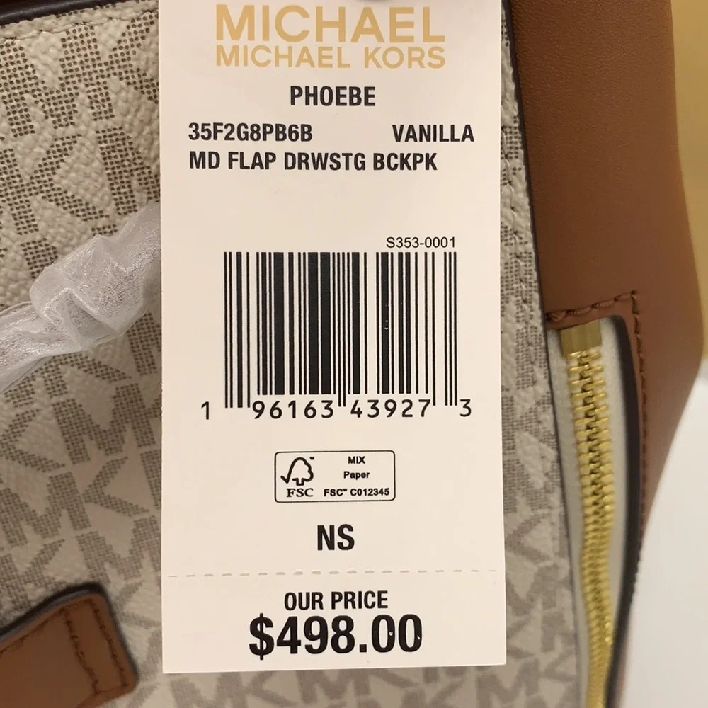 MICHAEL KORS PHOEBE MEDIUM DRAWSTRING BACKPACK VANILLA/ BROWN SIGNATURE COLOR
