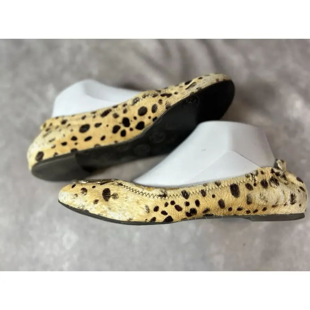 Tory Burch Reva Leopard Haircalf Ballet Flats Gold Logo Womens 6