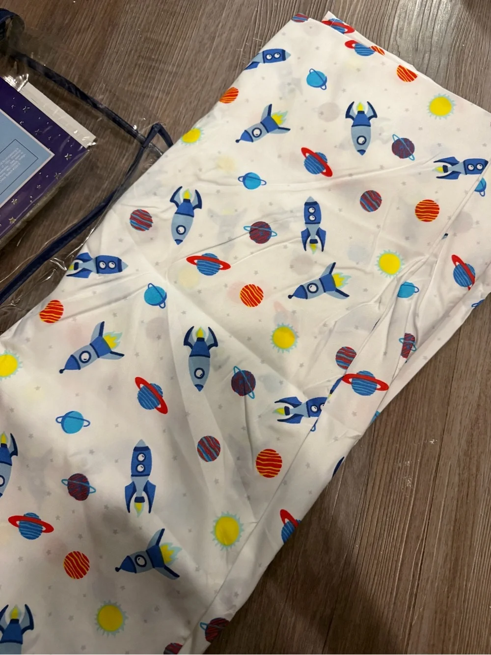 Blast Off! Twin Space Flat Sheet ONLY - White with Blue and Yellow Rockets- new