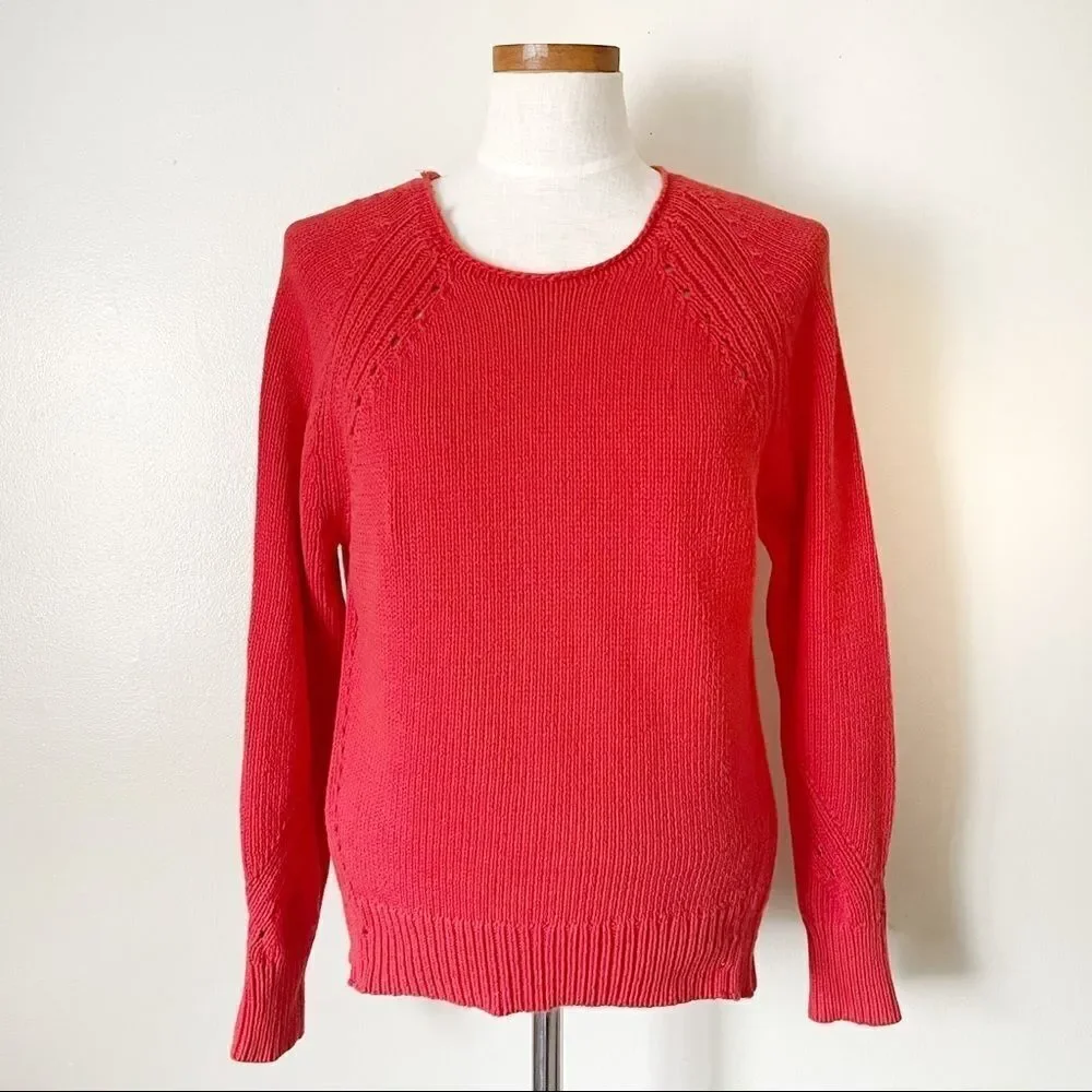 J. Crew Red Orange Cotton Pointelle stitching pullover sweater size Small